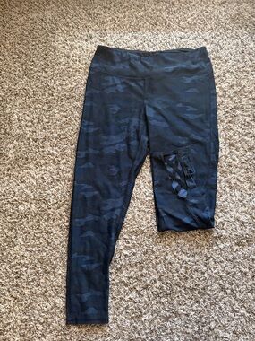 Maurices Black Camo Capri Leggings with Side Lattice Detail